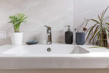 Fototapeta na wymiar Bathroom interior with sink, washbasin, soap and green tropical plants. Modern bathroom design