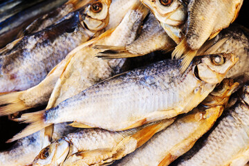 Vobla dried. Salted fish on the counter in the store.