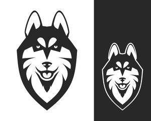 Siberian husky head logo or icon. Dog shows its tongue. Inversion version included. Stock vector illustration. Business sign template.