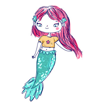 Cute mermaid in t-shirt. vector illustration for fashion prints, kids clothes and apparel