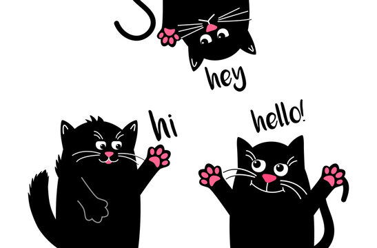 Funny black cats say Hello when they meet. Funny Kawaii animal. black cat isolated. Vector cartoon Illustration in flat. Cute cartoon character.
