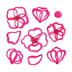 Abstract pink flowers, petals and buds . Set of watercolor illustrations isolated on a white background. Stock image for decoration and design.