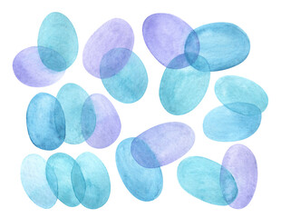 Set of watercolor spots of blue and lilac shades. Abstract design objects isolated on a white background.