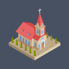 Graphic mall, Church building, Isometric 3D illustration.