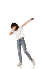 curly woman gesturing while standing on white