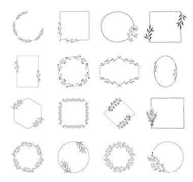 Collection of hand drawn wedding branding with botanical elements. Wreaths, borders and frames for floral design. Vector isolated.