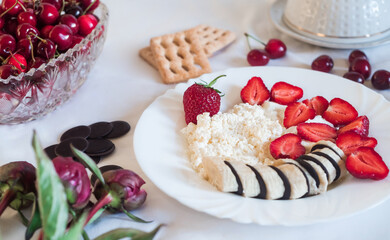 Stylish and wholesome breakfast with cottage cheese and berries. Healthy nutrition