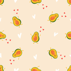 Seamless pattern with funny bright avocado characters.