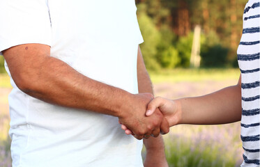 Handshake father and son near plan. Hands of men. Psychology of strong relationships in the family.
