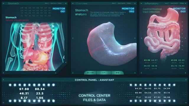 Medicine stomach futuristic analysis HUD. Screen display with lungs information infographics anatomy and biology hologram of digestive system in human body. Health medicine digital interface