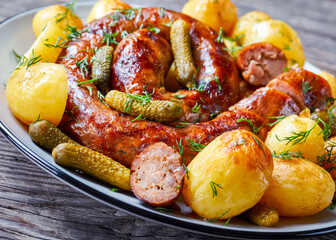 Roasted new potato and pork sausage on a plate