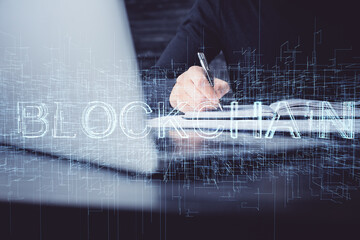 Man's hands working with notes background. Cryptocurrency and finance concept.