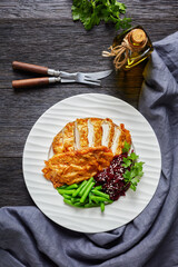 Chicken schnitzel, beetroot salad and green beans