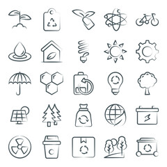 
Ecology and Green Energy Icons in Linear Brush Stroke Style 
