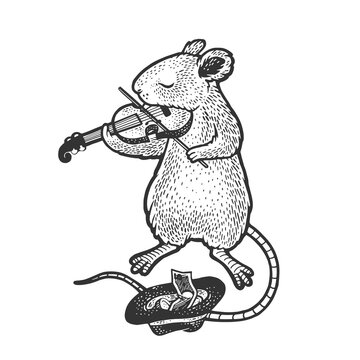 mouse plays the violin sketch engraving vector illustration. T-shirt apparel print design. Scratch board imitation. Black and white hand drawn image.