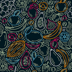 Vector fruits seamless pattern in color outline style on the dark background. Bright background of healthy fresh food. Ideal for poster, banner, packaging, and home decor. 