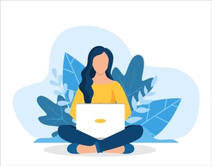 Fototapeta na wymiar Woman with laptop sitting in nature with crossed legs. Freelance or studying concept. web page design template for online education, training. Vector illustration in flat style