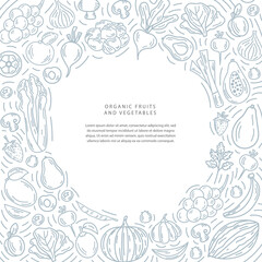 Vector fruits and vegetables composition with space for text. A brig illustration of healthy fresh food. Isolated design elements in outline style. Ideal for poster, banner, packaging and home decor. 