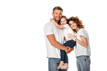 cheerful mother and daughter hugging man isolated on white