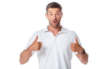 surprised man showing thumbs up isolated on white