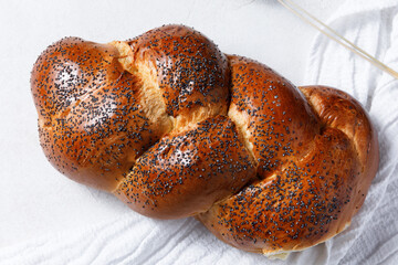 Homemade crusty loave of wheat candy bun with poppy seeds