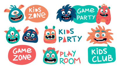 Fototapeta premium Funny design of the children's zone. Cute monsters and lettering. Design for kids play area decoration. Set of funny elements.