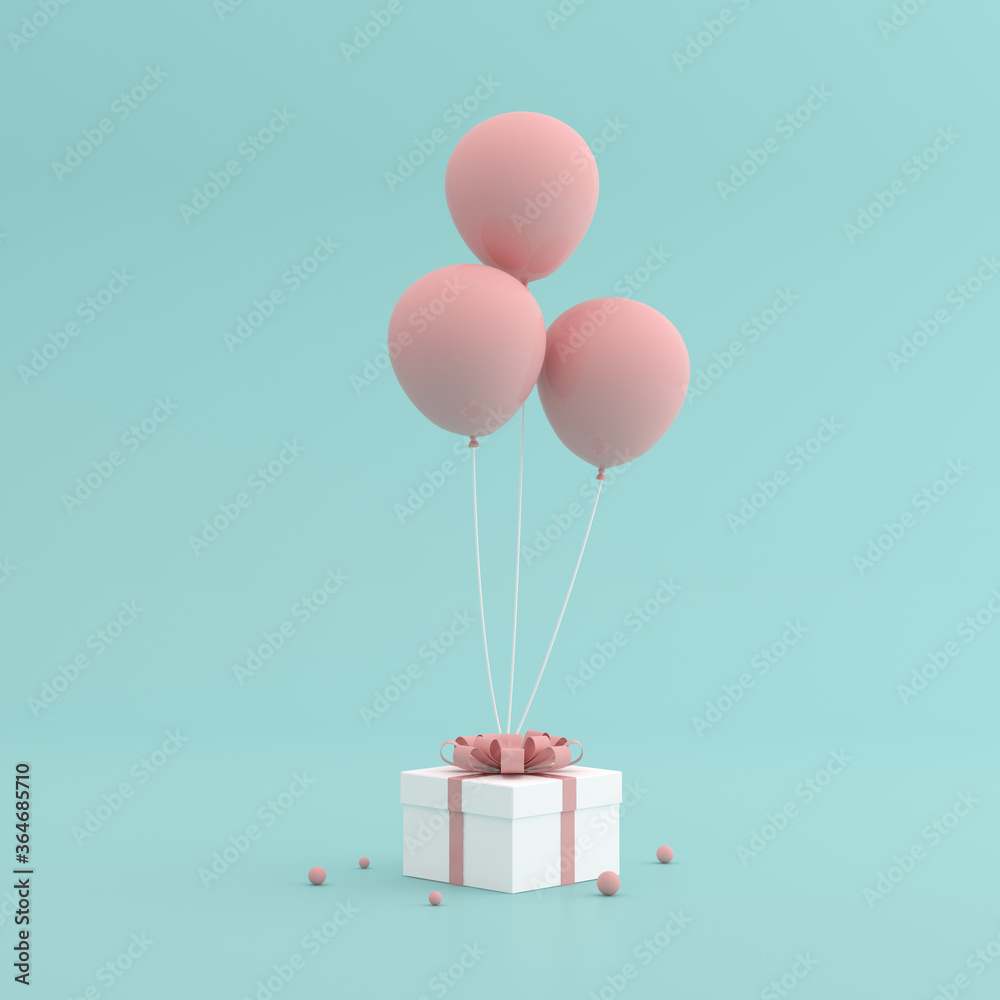 Poster Mock up of gift box and balloons in minimal style. 3D rendering.