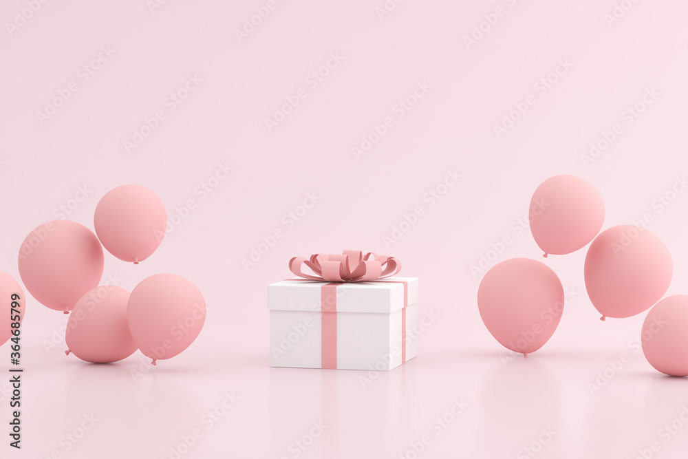 Poster Mock up of gift box and balloons in minimal style. 3D rendering.