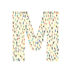 Large group of people in letter M form. People font. Clean vector font. Vector