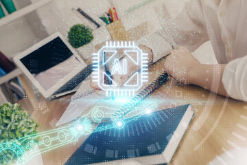 Multi exposure of woman hands on background with technology coding hologram. Data concept.