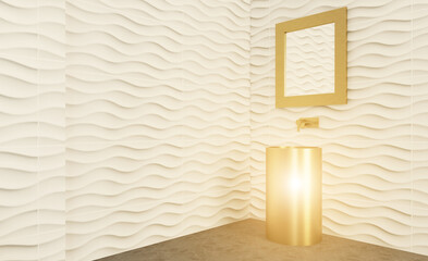 White wavy tiles on the walls. Bathroom in bright colors. Bronze bath and washbasin.. 3D rendering,. Sunset.