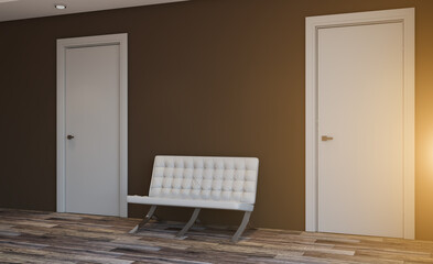 doctor's office. large windows in a hospital with city views. armchairs for visitors.. 3D rendering. Sunset