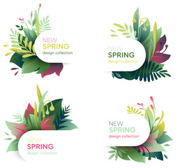 Spring theme stickers set. Creative compositions of young leaves and branches. Floral design templates for posters, labels, flyers or social media covers. Flat style graphic vector illustration