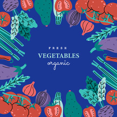 Fresh vegetables in circle, cards concept for posters, placards and banners. Hand drawn vector illustration in modern flat style, isolated dark blue background.