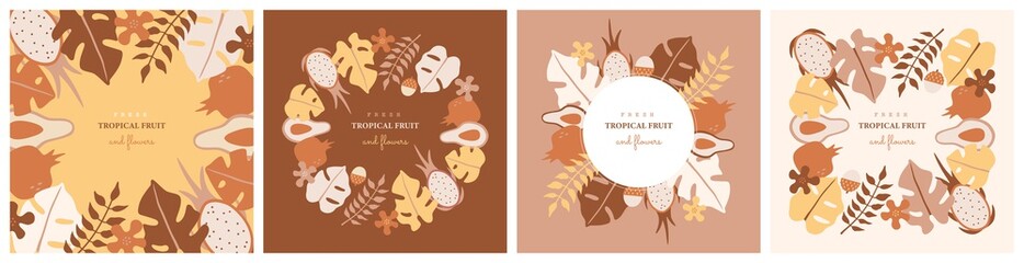 Set of greeting card. Colored tropical plants, leaves and fruits in circle. Posters, placards and banners in pastel colors. Hand drawn vector illustration in modern flat style, isolated background