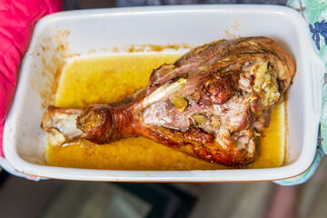 baked Turkey ham close-up. selective focus. home-made food