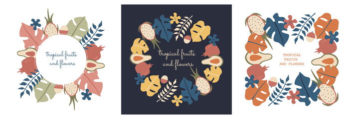 Fototapeta premium Set of invitation cards with summer tropical leaves and fruits in circle template. Posters, placards and banners template. Hand drawn vector illustration in modern flat style, isolated background.