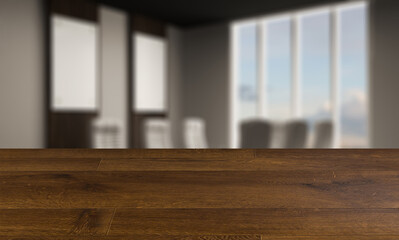 blurred interior on a wooden table background.meeting room with a large window and wood paneling on the walls. Large table and office chairs.. 3D rendering.. Blank paintings.  Mockup.