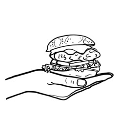 Hand with junk food hand drawn vector illustration isolated on white background 