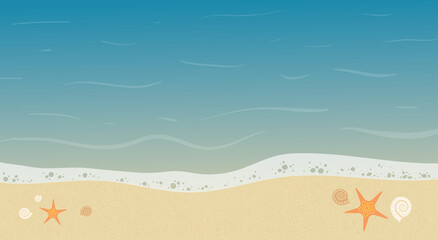 Fototapeta na wymiar Seashore with beautiful seashells and starfishes. Top view ocean beach background. - Vector illustration