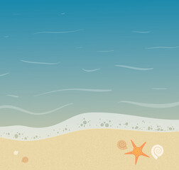 Fototapeta na wymiar Beautiful seashore background with starfish and small shells on it. Sandy beach summer illustration. - Vector
