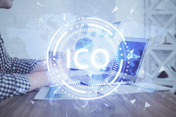 Blockchain theme hud with businessman working on computer on background. Concept of crypto chain....