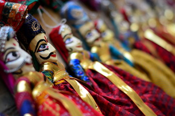 Rajasthani puppets (Kathputli) on display at shop in Mehrangarh Fort in Jodhpur. Kathputli is a...
