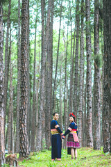 Couple hmongs holding hands and walking in the pine wood, Man and woman in Hmong clothes