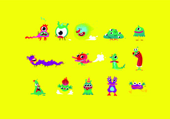 Illustrations of cute, pretty monster characters. Vector. Mascot for companies. Abstract creatures. Characters isolated on a yellow background. Baby cartoon pets or mutants. Full set.