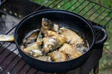 Fried fish in a pan close-up.