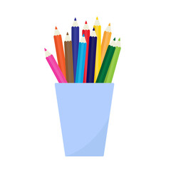 Colored pencils in a glass for office. Flat vector illustration isolated on white background.