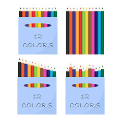 Box with colored pencils. School office. Flat vector illustration isolated on white background.