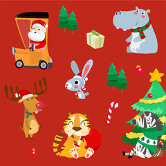 Christmas set with wild animals. Seamless pattern with various cute and christmas set with wild animals on background