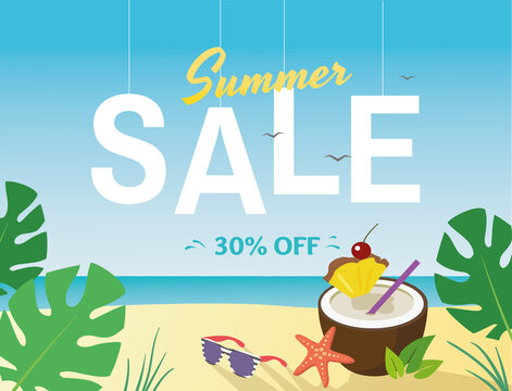 Summer Sale beautiful banner design with coconut coctail, sea star and sunglasses on the beach with green leaves illustration. 30% off. - Vector